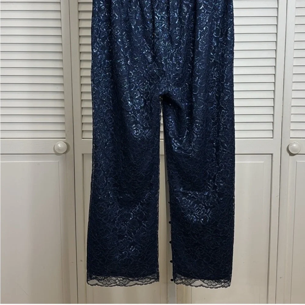 J. Crew Blue Lace Wide Leg Pants with Elegant Print and metallic silver thread - Picture 9 of 12